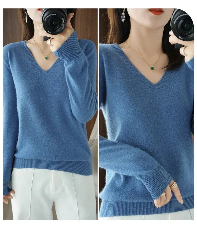 Cashmere women's V-neck pullover sweater with long sleeves in blue, featuring a casual knitted design for autumn and winter.