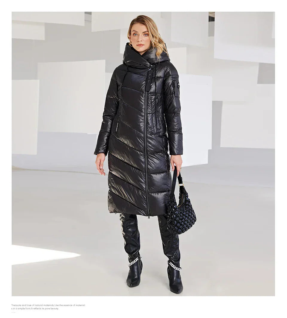 HaiLuoZi Women's Winter Jacket, long black quilted coat, with hood, warm and windproof.