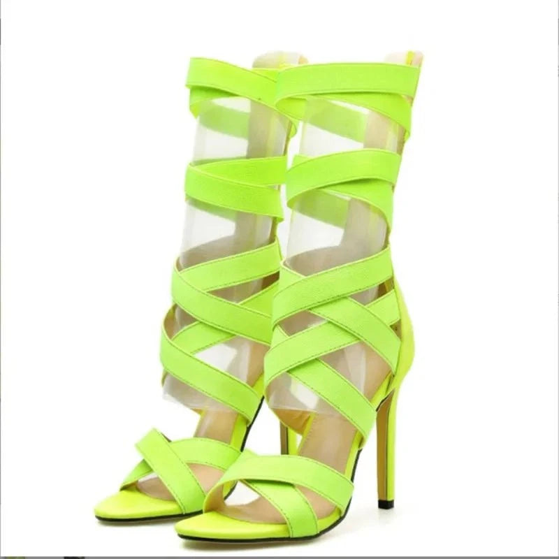 Fluorescent Green Stiletto Sandals with Elastic Strap