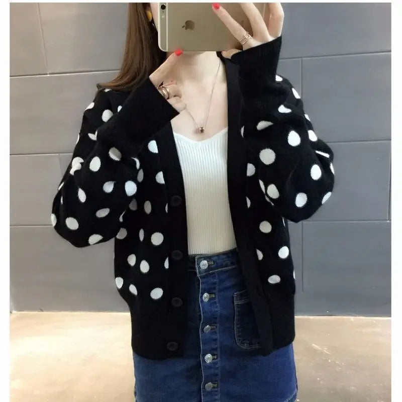 Women’s Autumn Winter Polka Dot V-neck Knitting Cardigan | Alfadarling