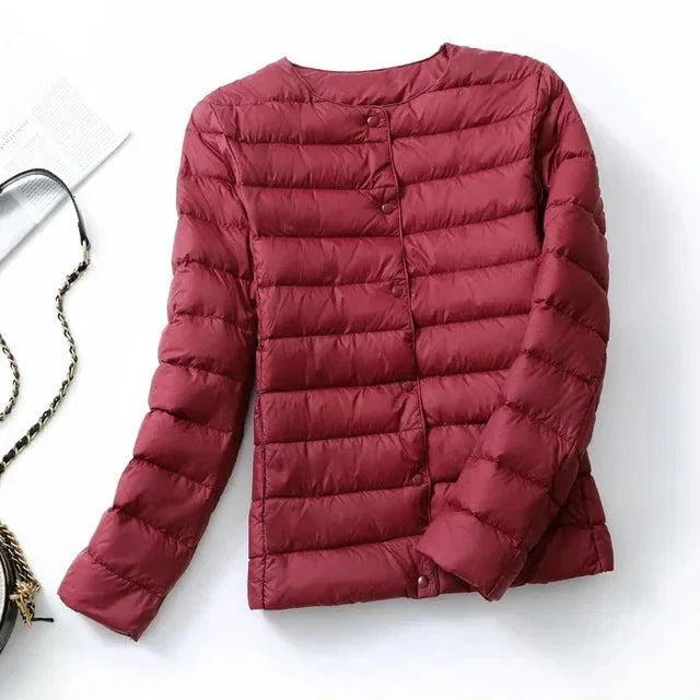 Ultralight warm women's puffer jacket, collarless O-neck design, ideal for spring and winter.