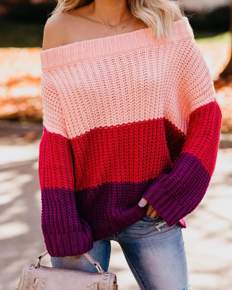 Off Shoulder Color Block Knit Sweater for Women