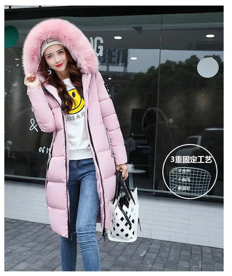 Winter Fashion Jacket Women Fur Collar Hoodie Parka in pink, casual zipper style, featuring a bubble puffer design and luxurious fur collar.