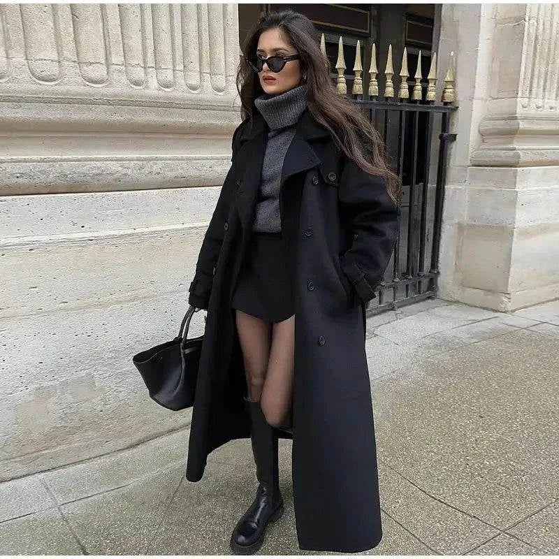 Elegant Black Woolen Long Coat with Belt