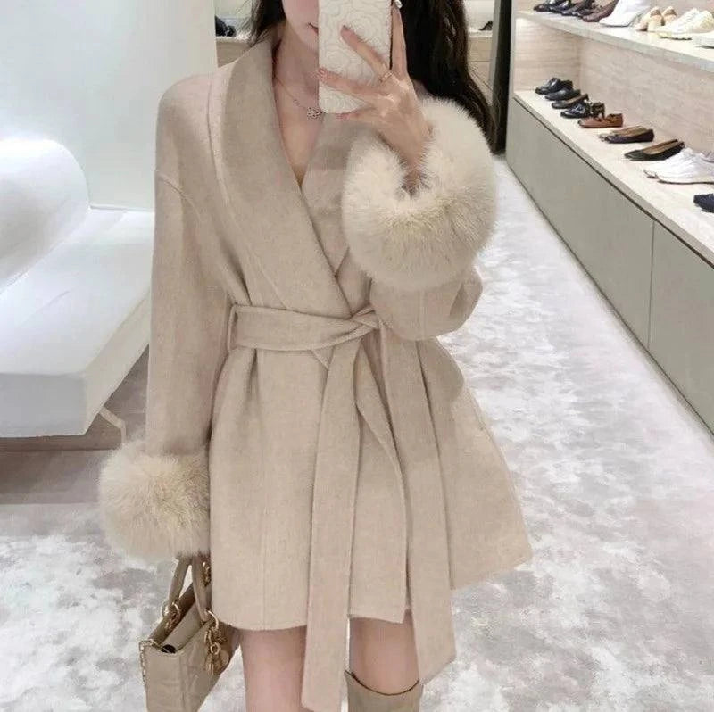 Winter New Loose Fit Lazy Style Chic Fashion V-neck Blend Coat