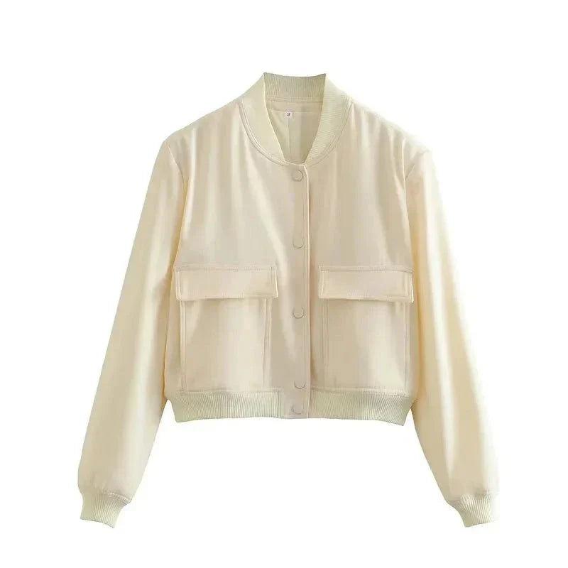 Women's white cropped bomber jacket with button-front, aviator-inspired design, long sleeves; ideal for autumn and winter fashion.