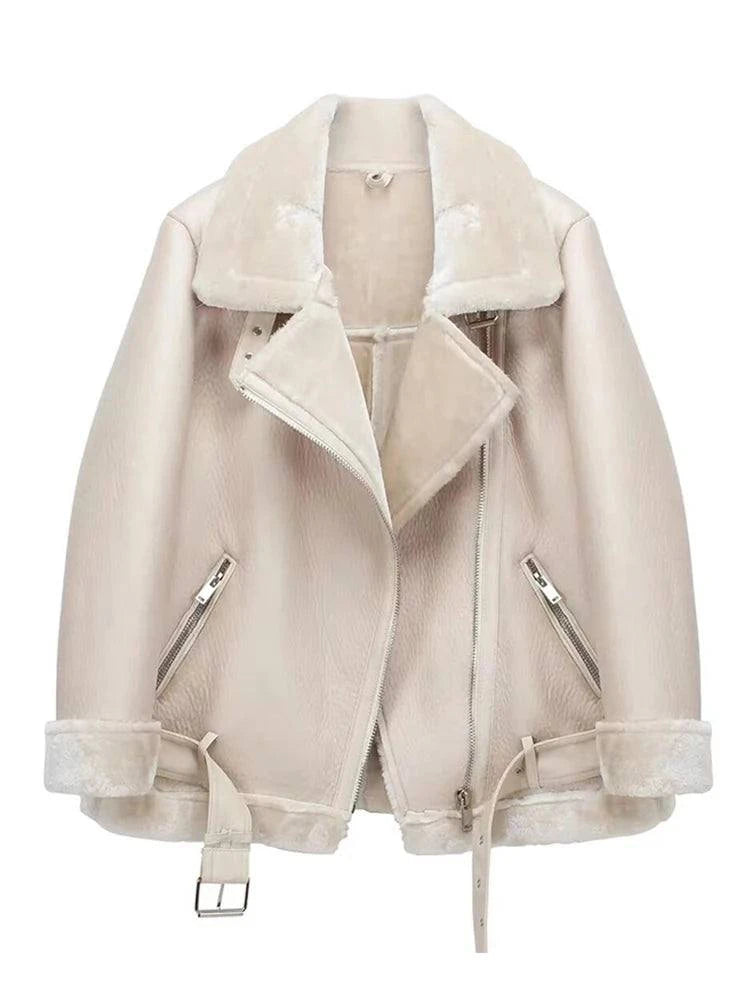 Ailegogo Winter Faux Leather Fur Jacket