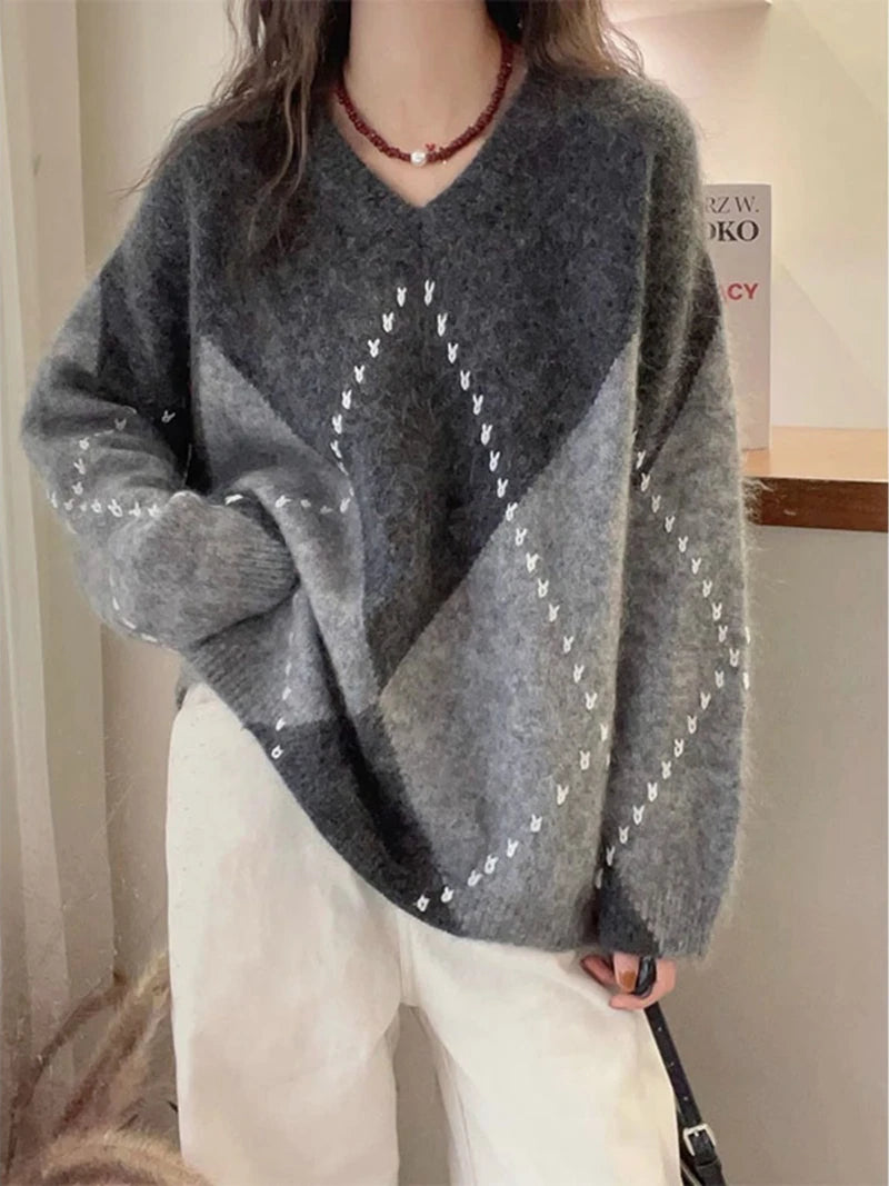 Jmprs Argyle Vintage Sweaters for Women - Cozy Korean Design