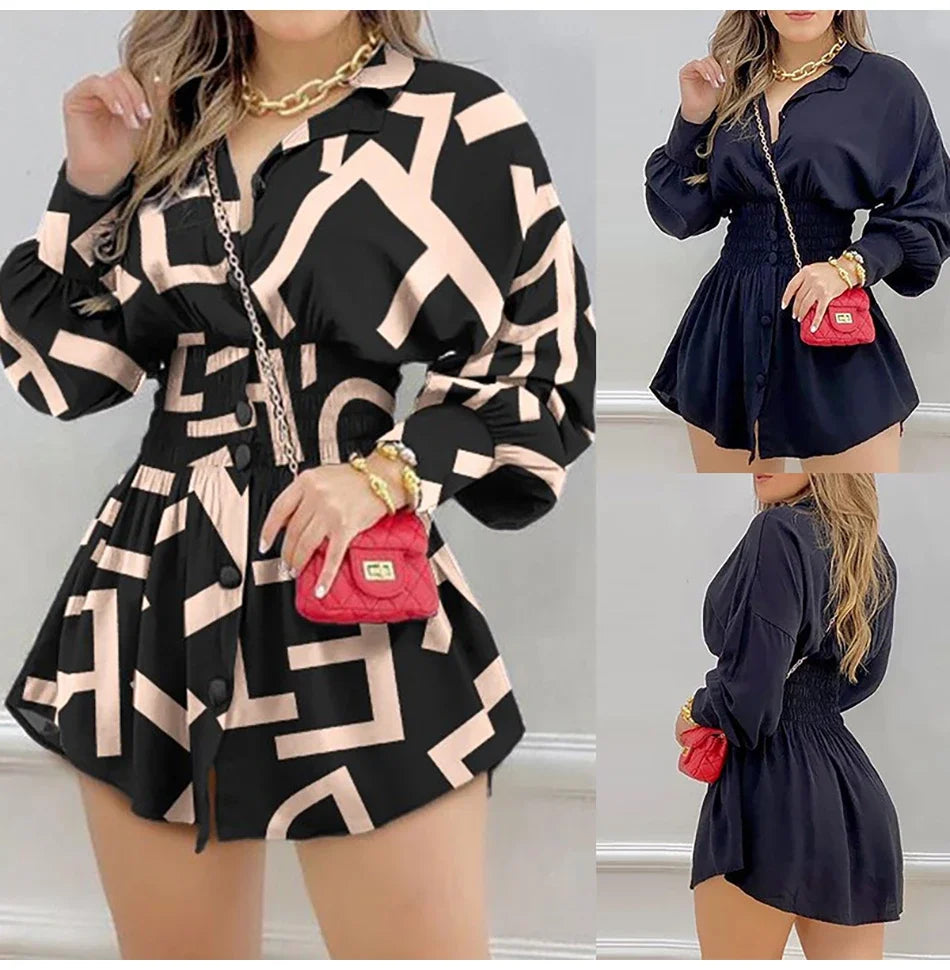 Chic Autumn Mini Dress with long sleeves, high waist, and stylish print.