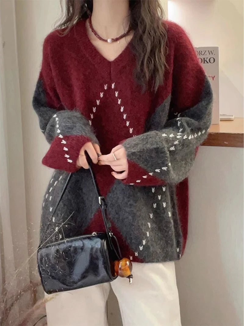 Jmprs Argyle Vintage Sweaters for Women - Cozy Korean Design