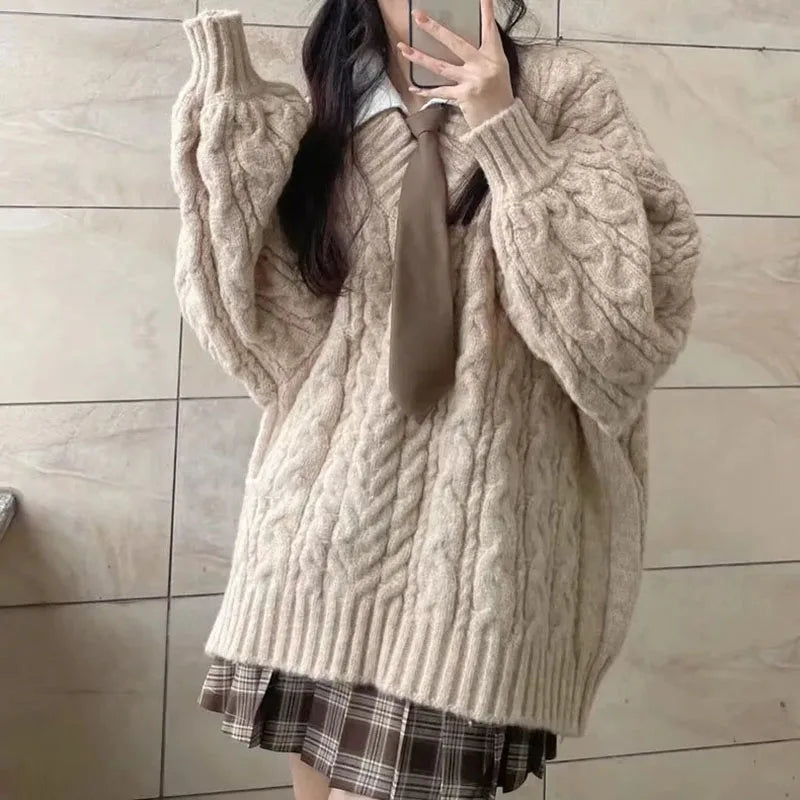 Autumn Winter Oversized V-Neck Knitted Sweater