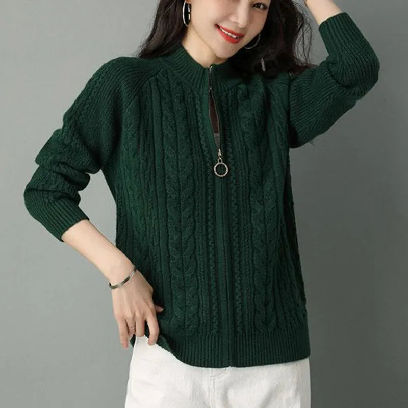 Half High Collar Zipper Knitted Cardigan Jacket for Women