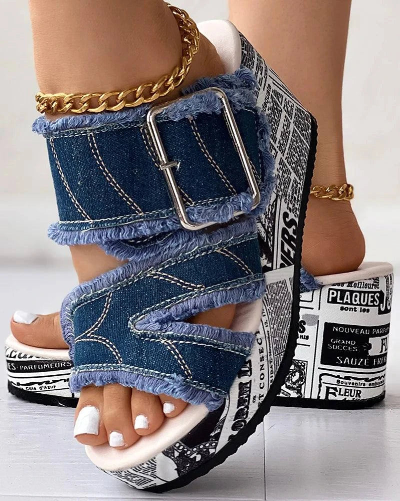 Chic Denim Wedge Sandals