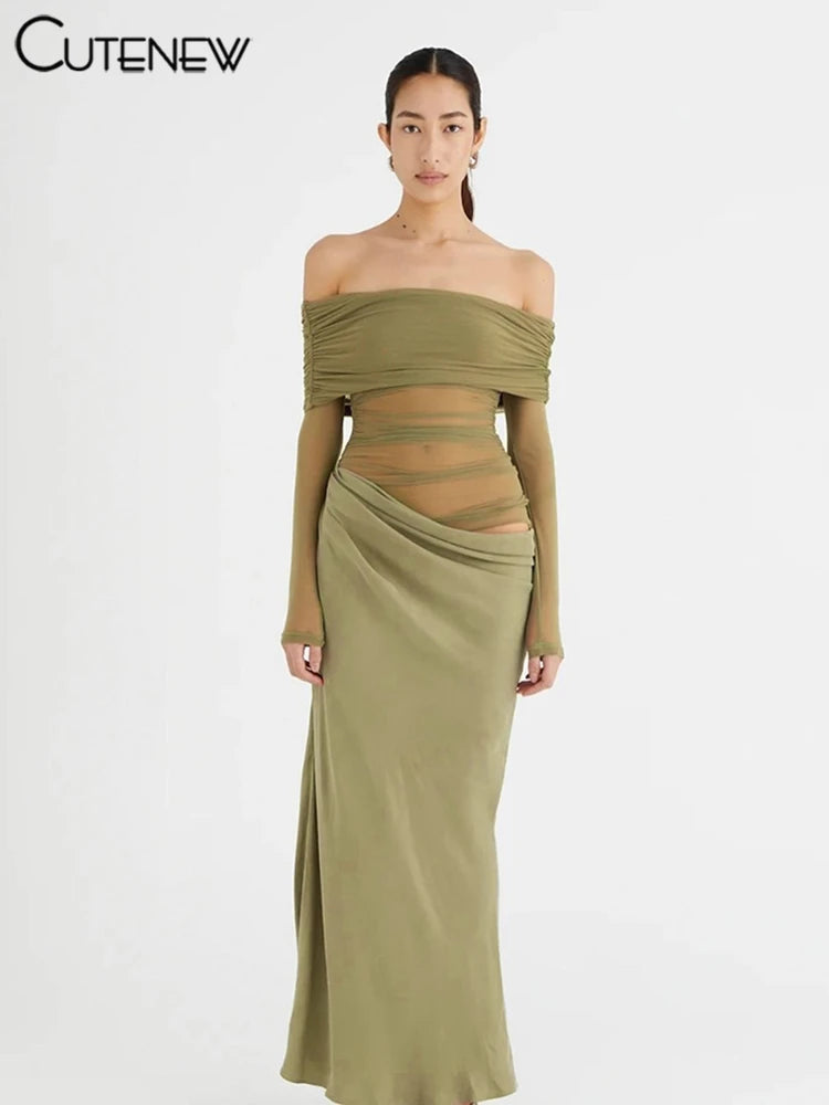 Cutenew Mesh Ruched Off-Shoulder Maxi Dress