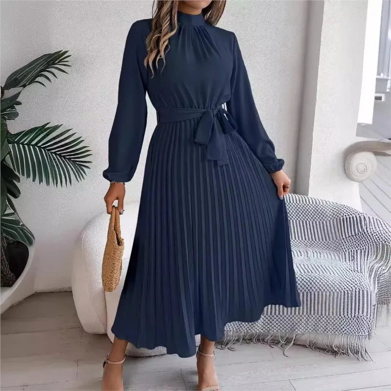 Elegant Stand-Up Collar Pleated Long Dress