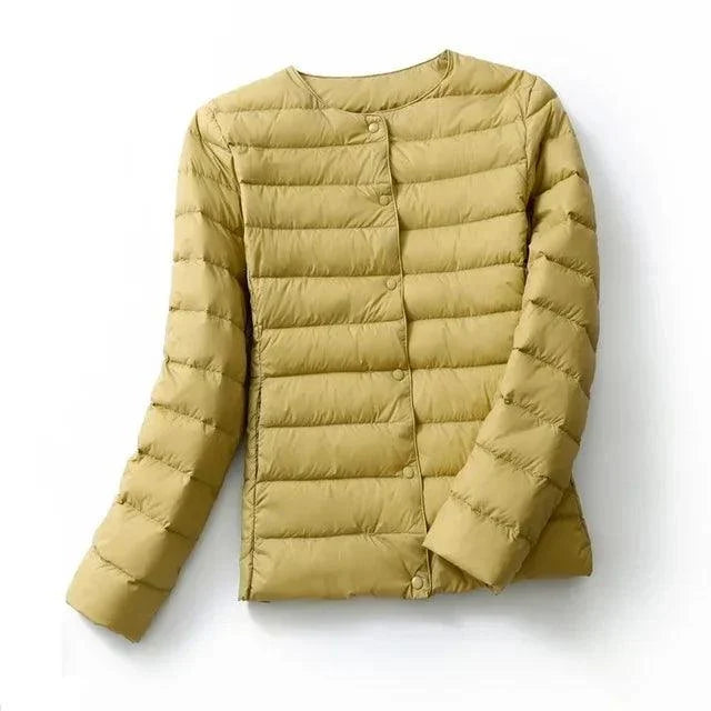 Ultralight warm women's collarless puffer jacket in yellow with O-neck design, perfect for spring and winter.