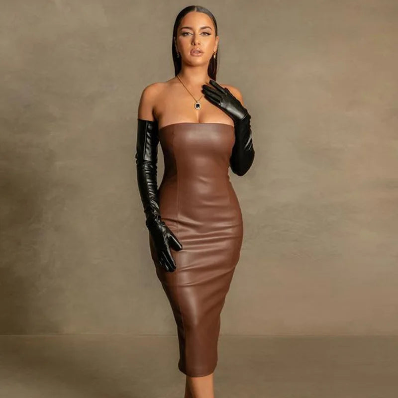 Slim Fit PU Leather Mid-Length Dress