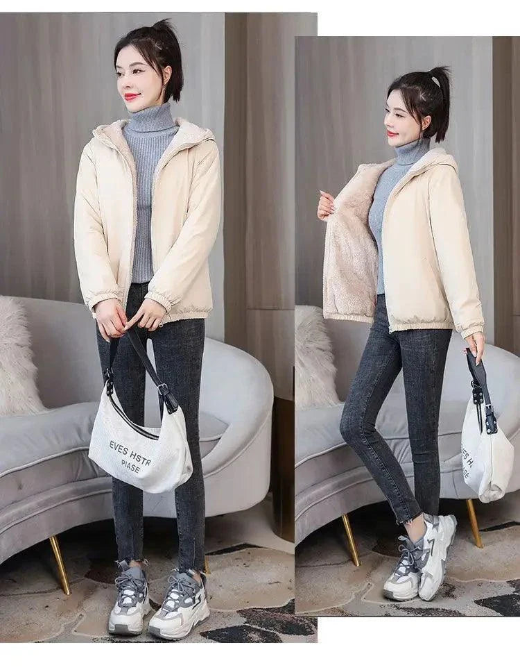 Women's winter fleece hooded jacket, cream color, casual outdoor windproof design, paired with jeans and sneakers.