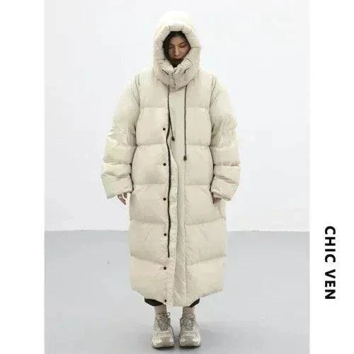 Korean style women's long hooded down coat, thick and warm, loose fit.