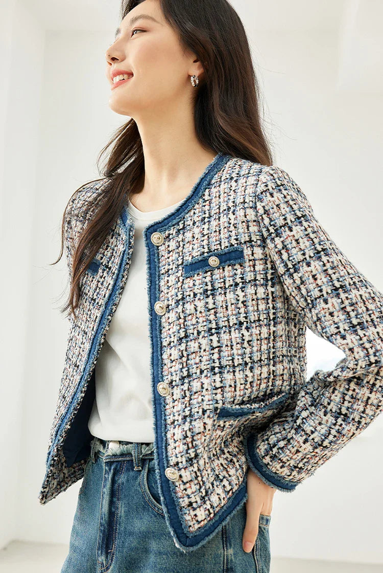 Vimly Plaid Tweed Cropped Jacket for Women