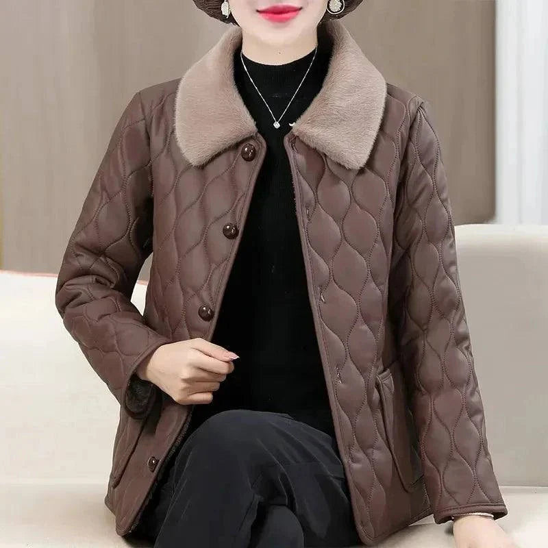 Wine Red Plush Winter Jacket for Women with Fur Collar and Velvet Fabric