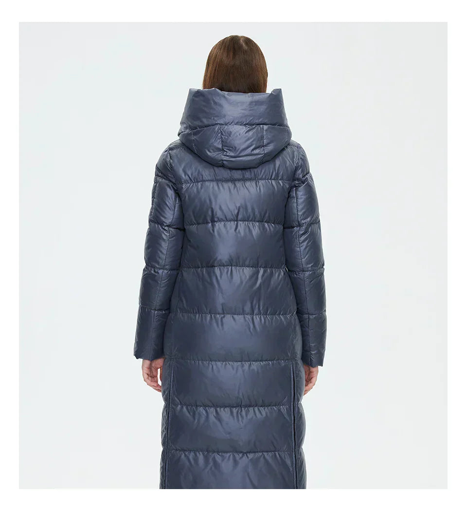 HaiLuoZi Women's Winter Jacket in navy, long quilted design, hooded, slim fit, windproof.