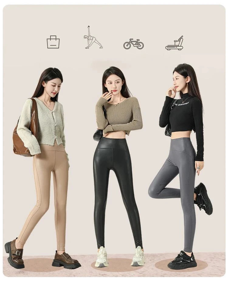 Fall Winter High-Grade Fleece PU Leather Leggings