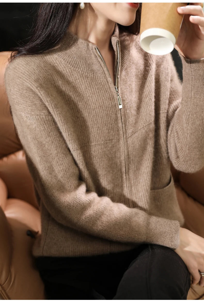 Merino Wool Half-High Collar Cardigan for Women