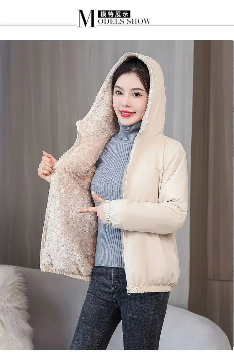 Women's Winter Fleece Hooded Jacket, Beige, Warm, Windproof, Plush Lining, Casual Outdoor Wear.