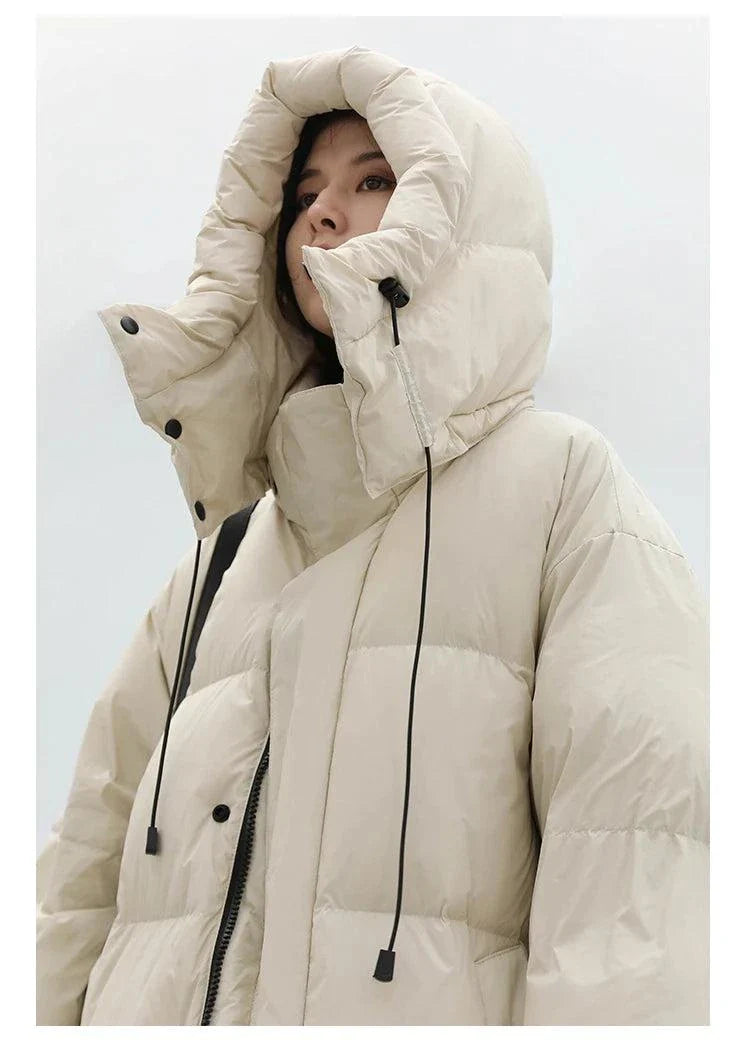 Women's Korean loose hooded long down coat, thick and warm winter jacket.