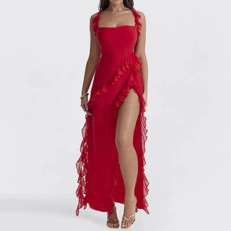 Elegant Red Ruffle Chiffon Maxi Dress