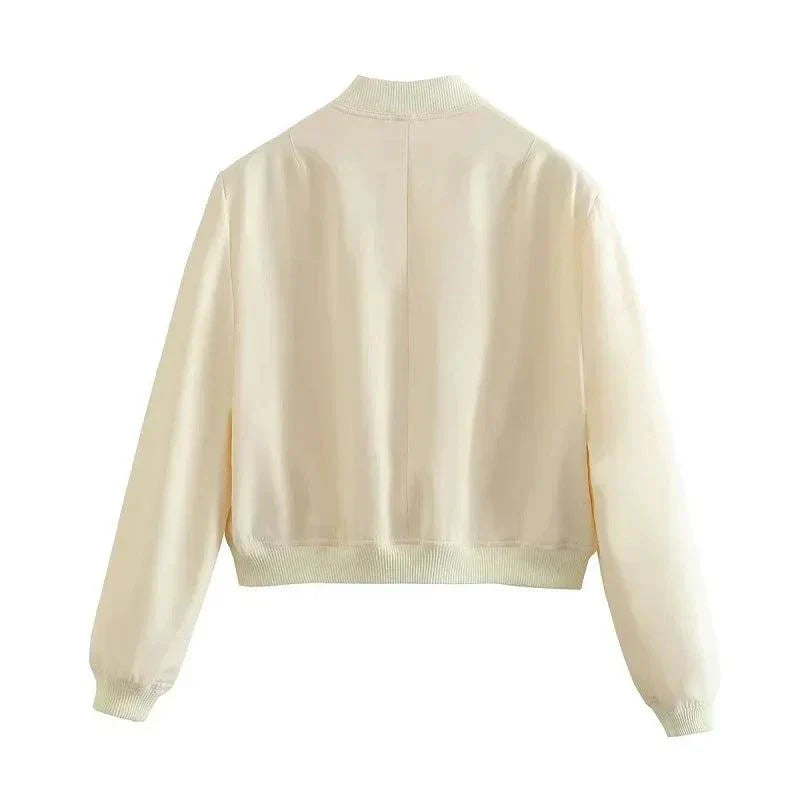 Women's Cropped Bomber Jacket - White, Winter-Ready