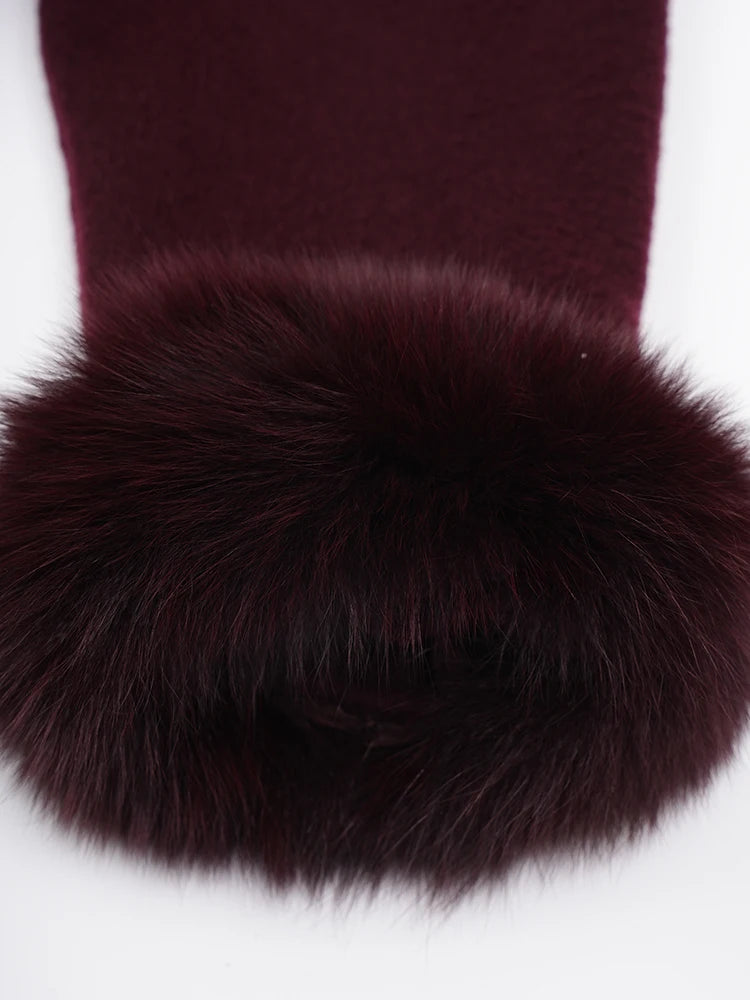 ZMEENNA Wine Red Fur Cuff Belted Woolen Coat for Women