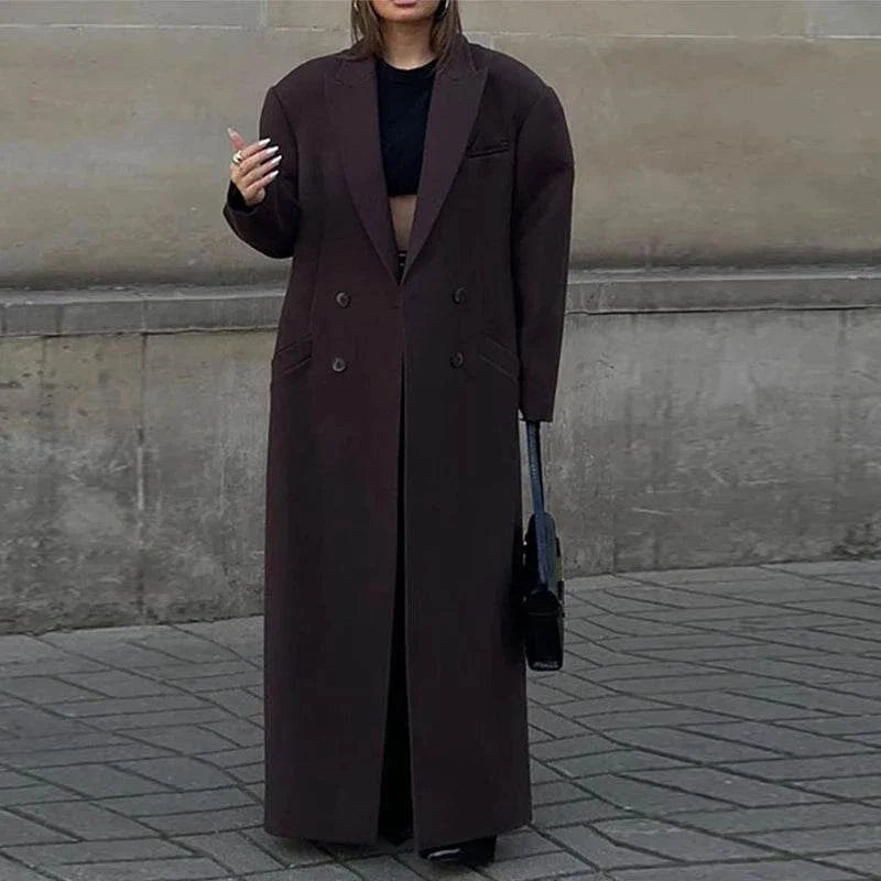 Fashion women overcoat, double-breasted autumn winter jacket with turn-down collar and full sleeves.