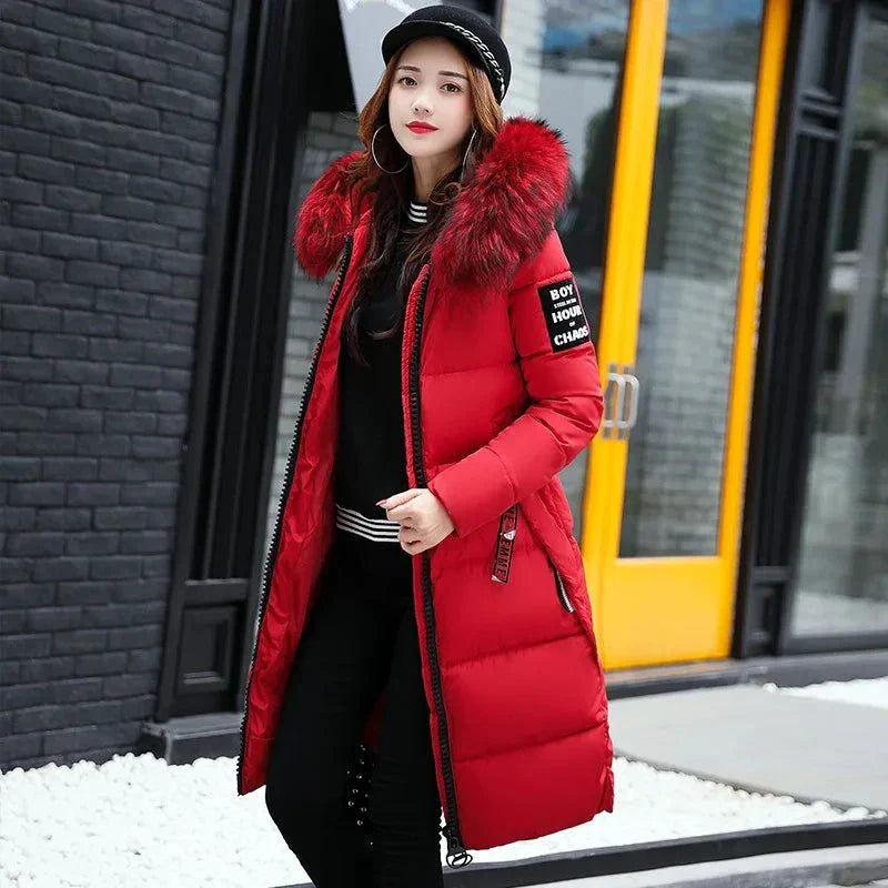 Winter fashion fur collar hoodie parka for women, red bubble puffer coat with zipper, casual insulated design.