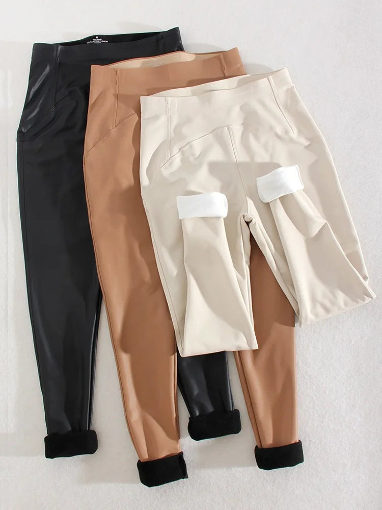 Warm Fleece Winter Leather Pants for Women