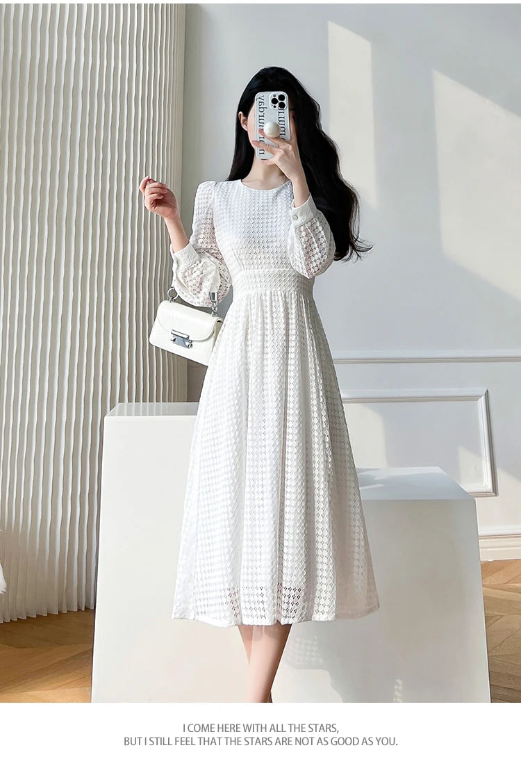 Elegant Lace Long Sleeve White Midi Dress