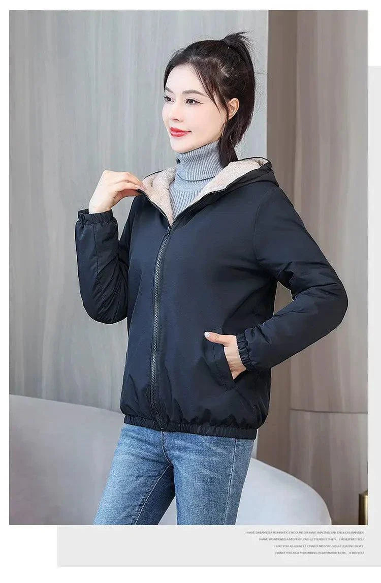 Women's winter fleece hooded jacket, windproof cotton plush coat, casual outdoor wear.