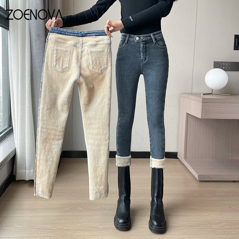 ZOENOVA Winter Velvet High Waist Skinny Jeans for Women