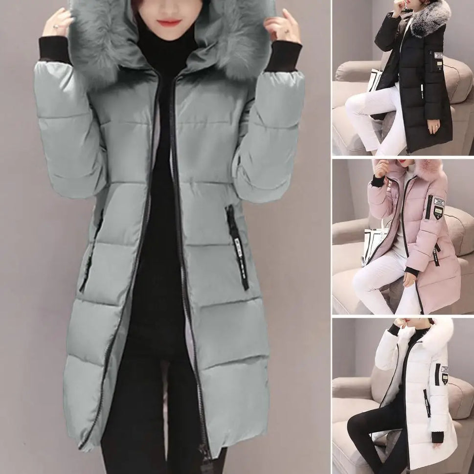 Women's Winter Coat with Fur Neckline - Thick Cotton Parka