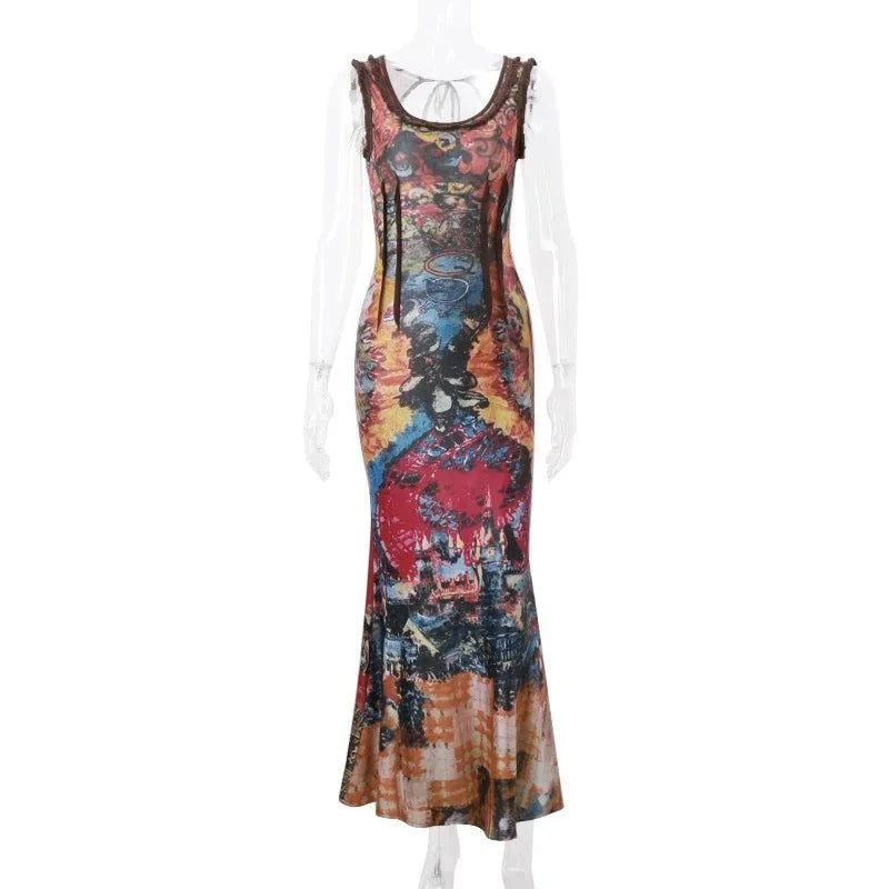 Summer Tie-Dye U-Neck Slim Dress