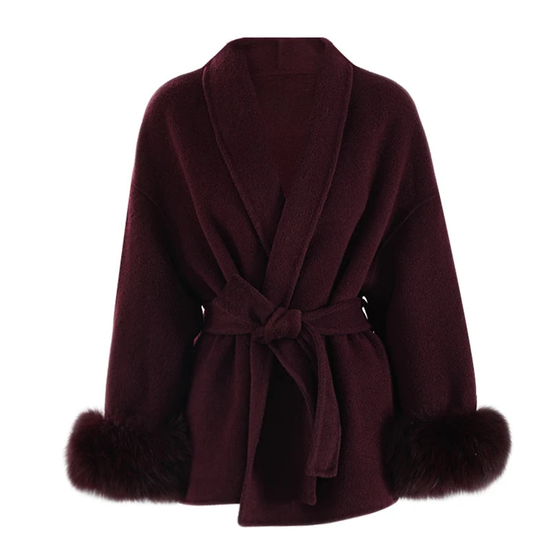 ZMEENNA Wine Red Fur Cuff Belted Woolen Coat for Women