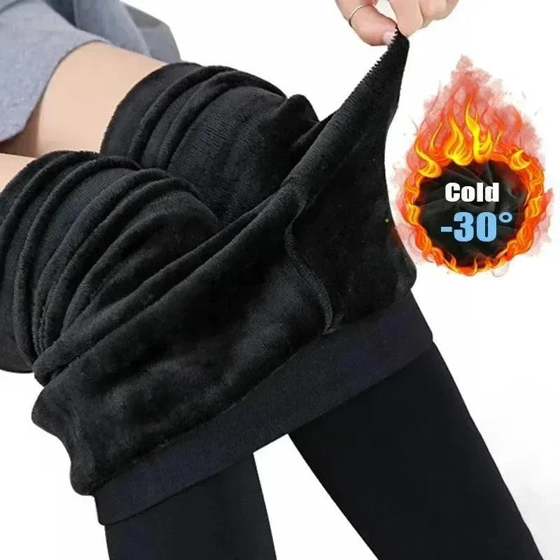 Women’s thermal stockings with fleece lining for winter warmth, featuring high-waist design and elastic fit.