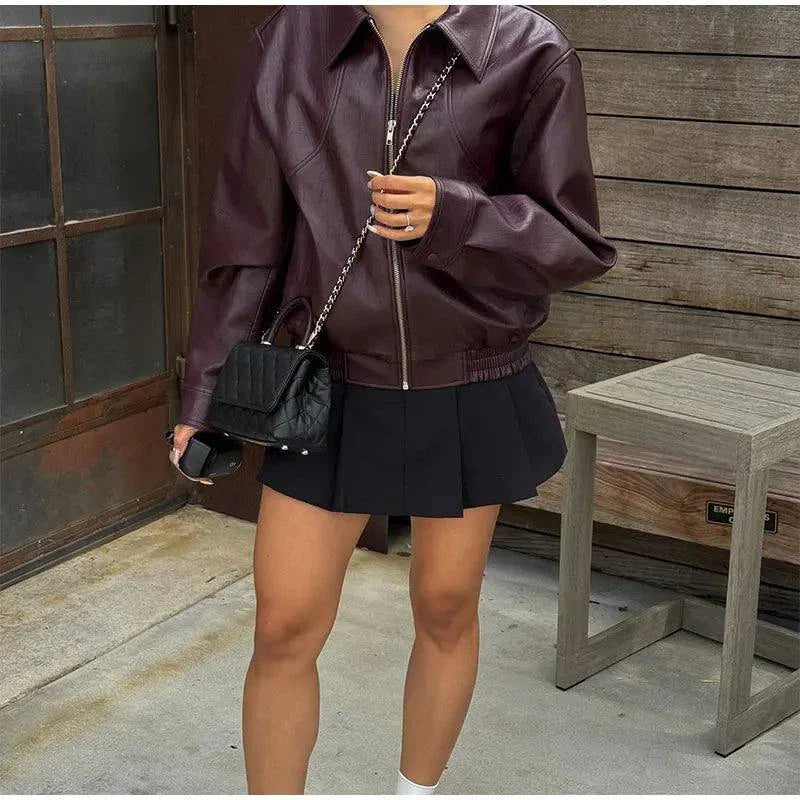 Vintage lapel leather jacket for women, chic solid long sleeves, short coat style, perfect for autumn fashion and streetwear.