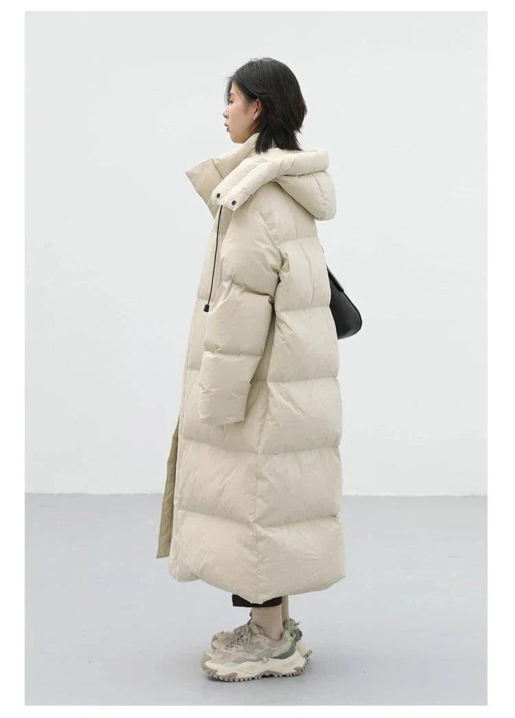 Korean style loose hooded long winter women's down coat, thick and warm.