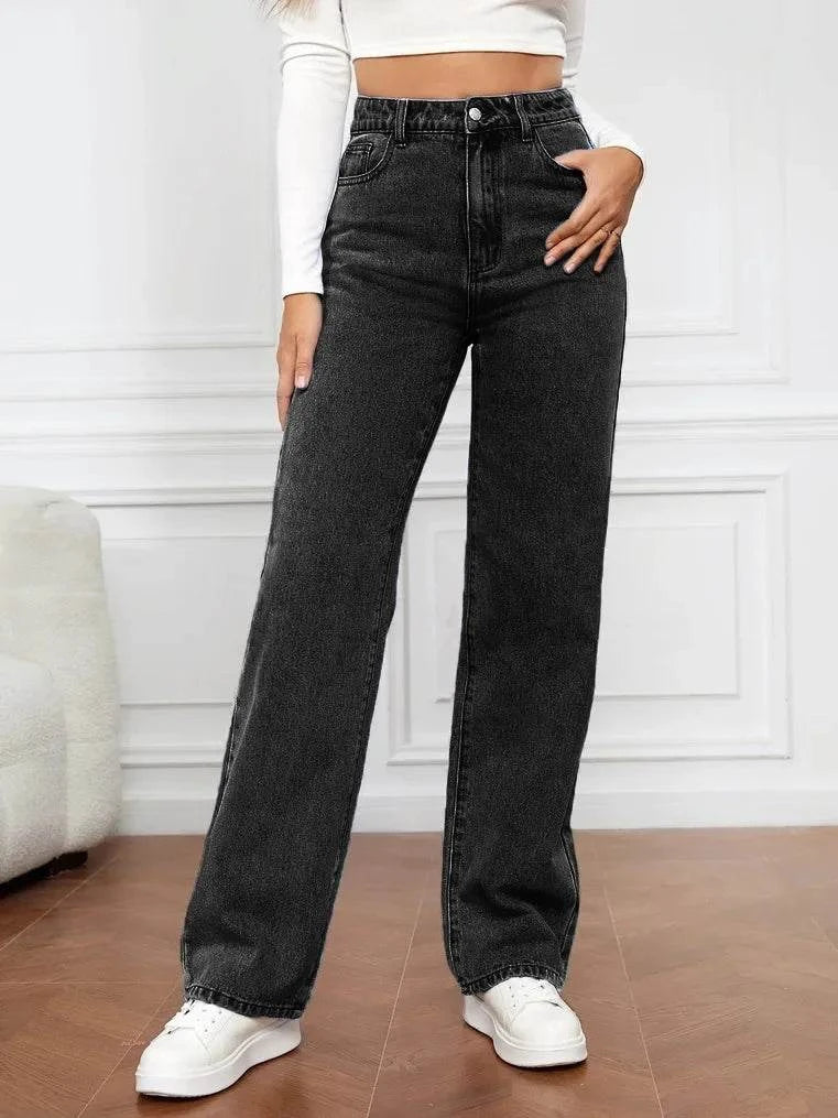 High-Waisted Loose Fit Straight Leg Jeans