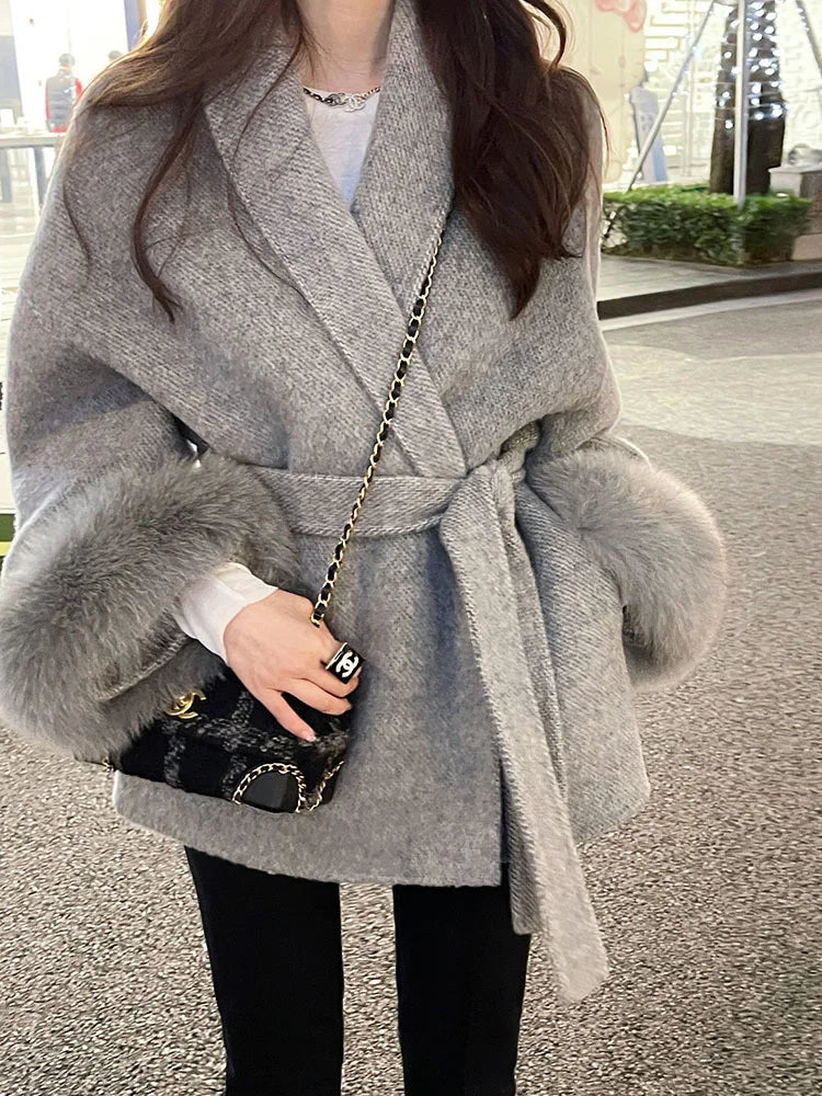 ZMEENNA Wine Red Fur Cuff Belted Woolen Coat for Women