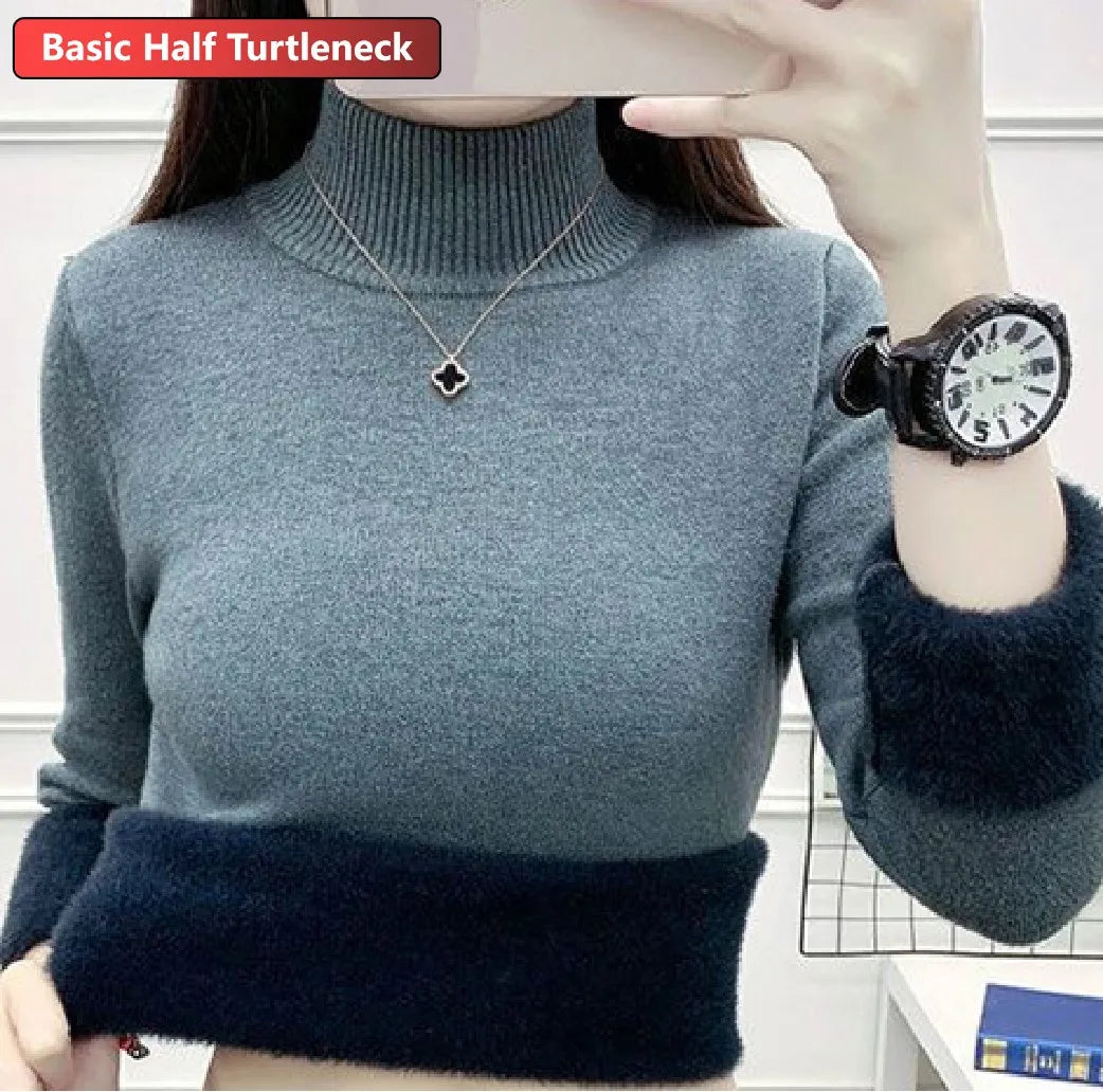 Elegant Velvet Lined Turtleneck Sweater for Women