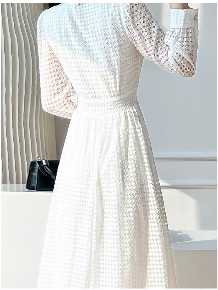 Elegant Lace Long Sleeve White Midi Dress