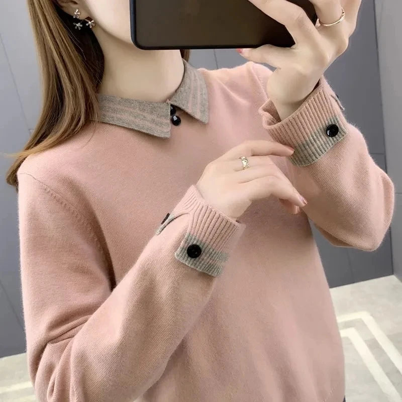 New Autumn Winter Contrast Color Doll Collar Sweater for Women